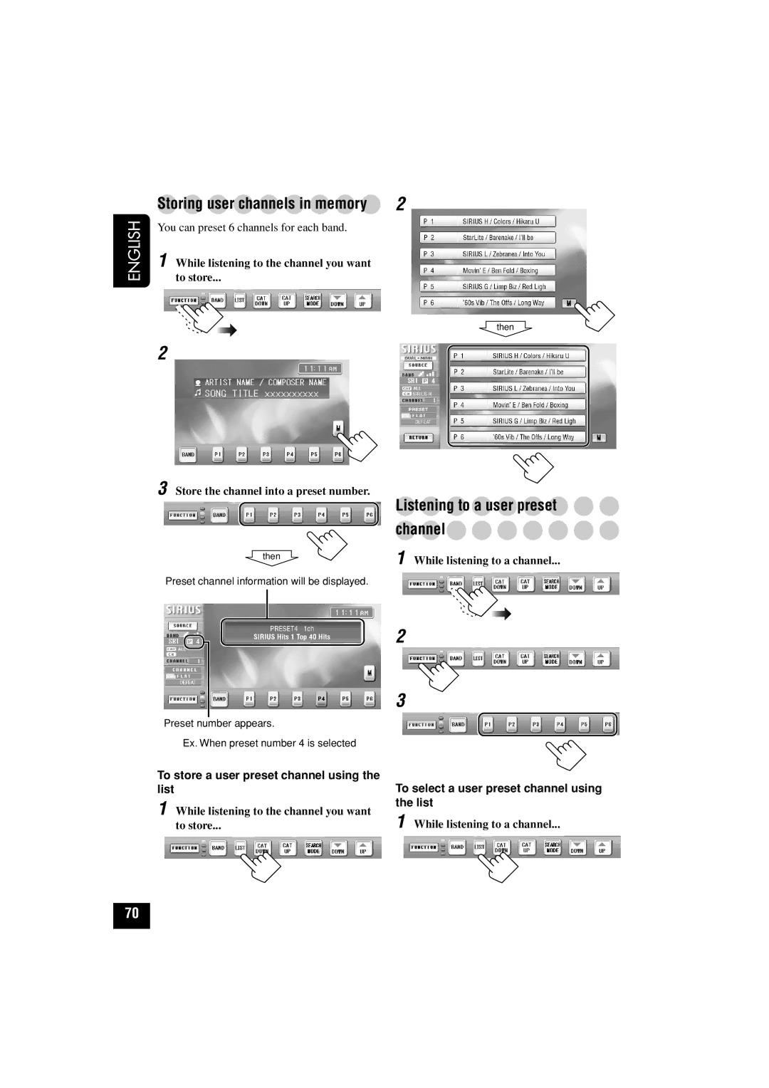 JVC KD-AV7010 manual Listening to a user preset Channel, To store a user preset channel using the list 