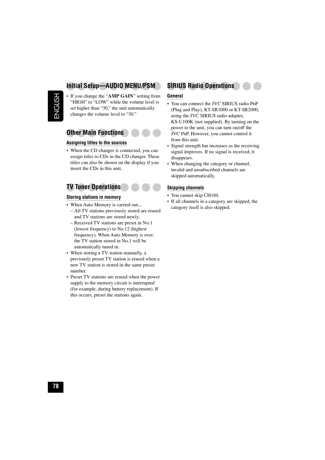 JVC KD-AV7010 manual Other Main Functions, Sirius Radio Operations, TV Tuner Operations, Assigning titles to the sources 