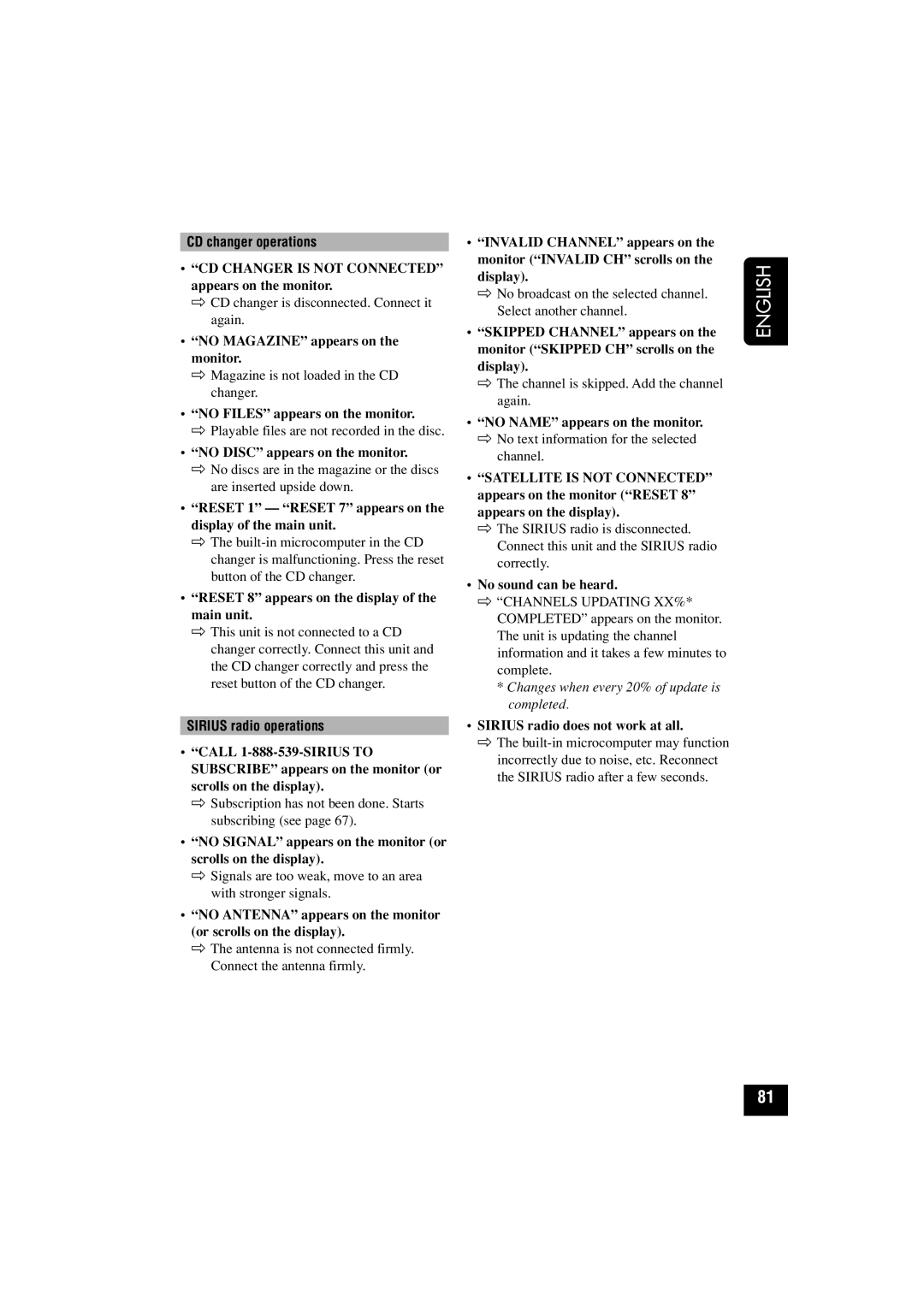 JVC KD-AV7010 manual CD changer operations, Sirius radio operations 