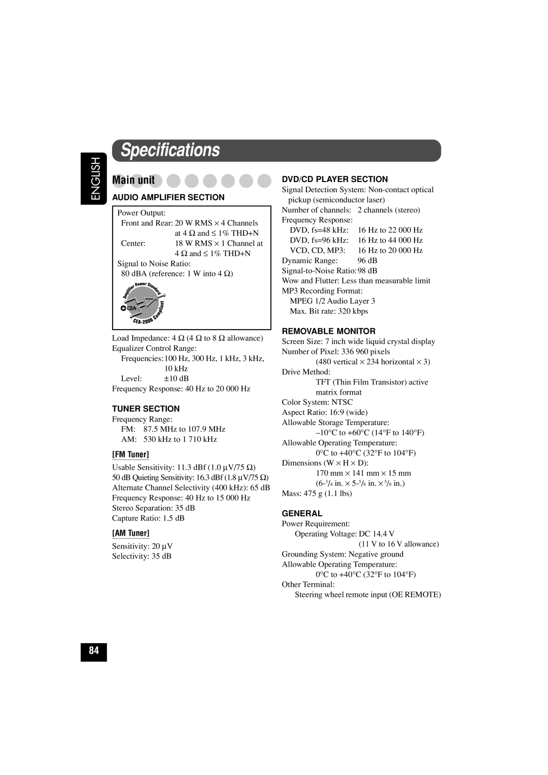 JVC KD-AV7010 manual Specifications, Main unit 