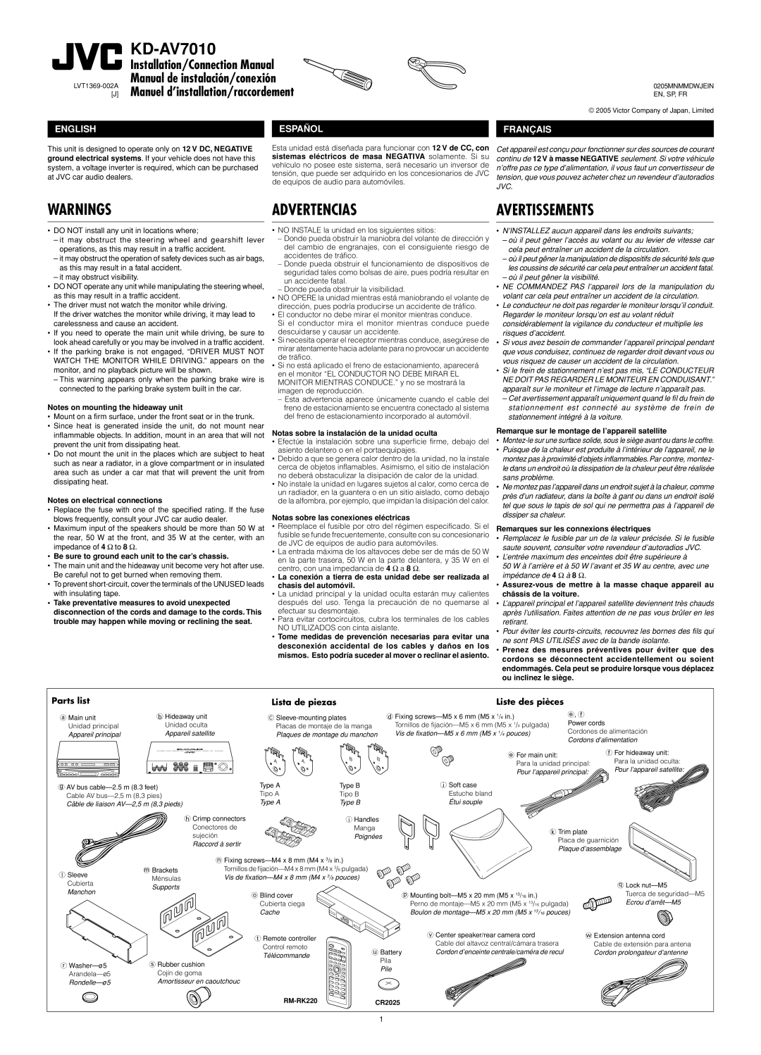 JVC KD-AV7010 manual Be sure to ground each unit to the car’s chassis, Notas sobre la instalación de la unidad oculta 