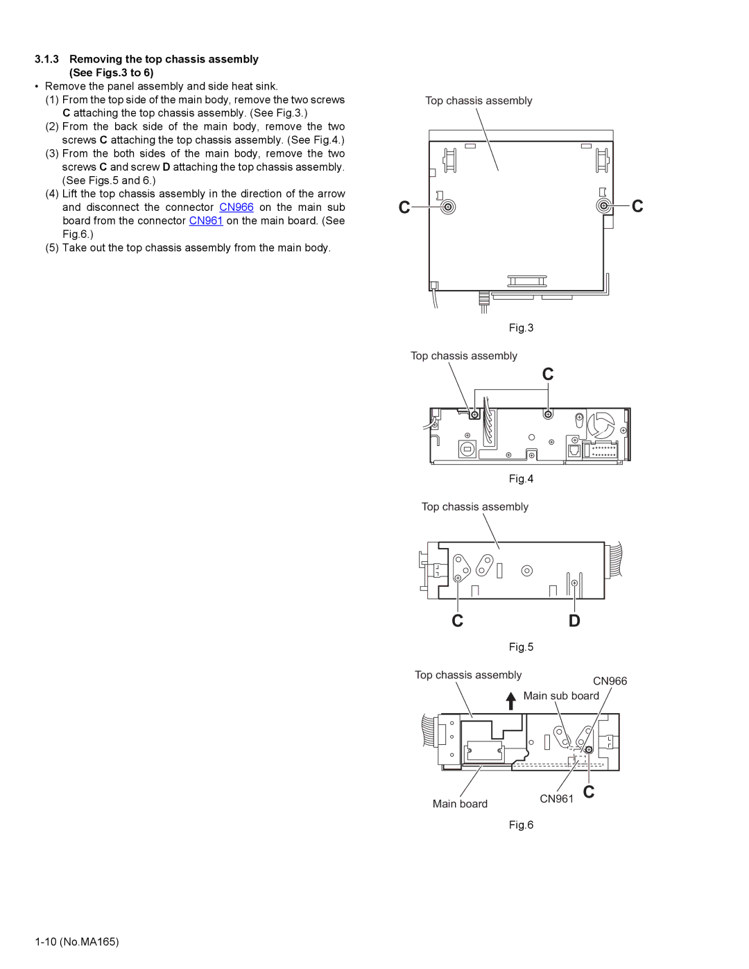 JVC KD-AVX1 service manual Removing the top chassis assembly See Figs.3 to, Remove the panel assembly and side heat sink 