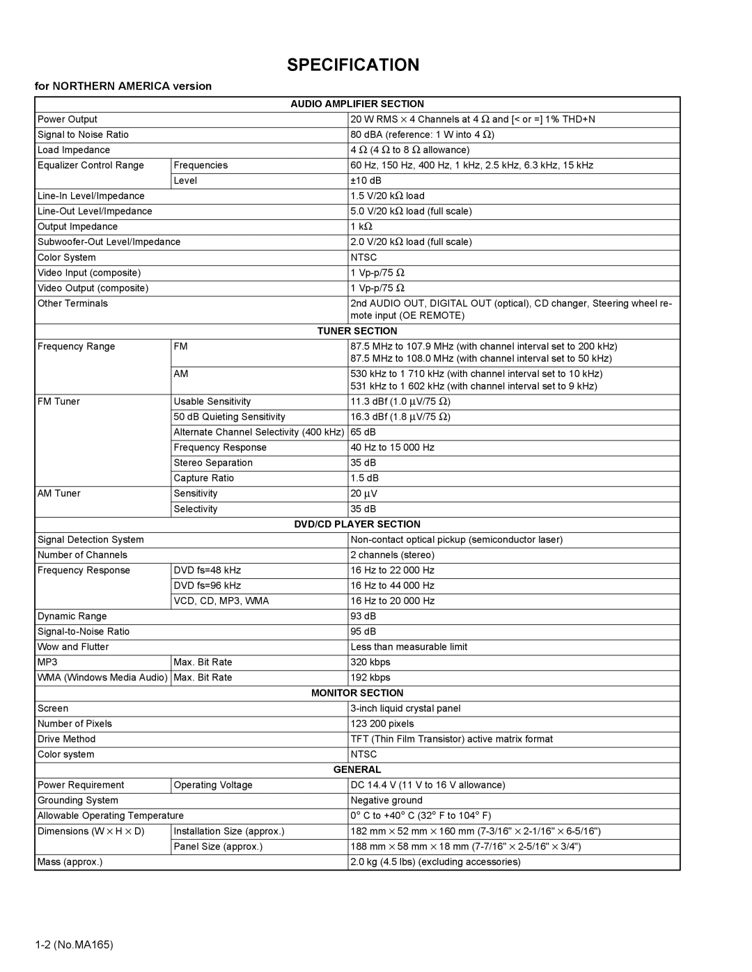 JVC KD-AVX1 service manual Specification, For Northern America version 