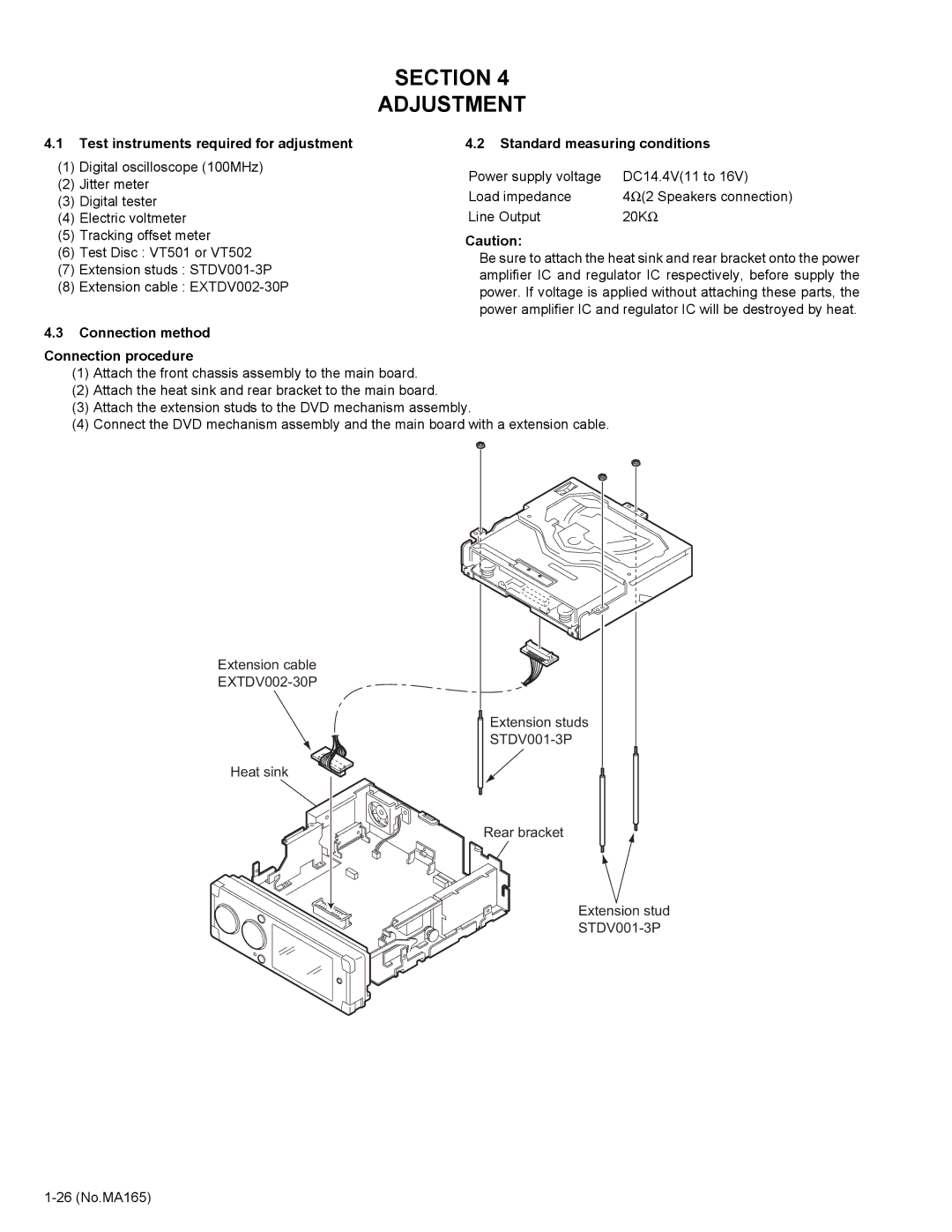 JVC KD-AVX1 service manual Test instruments required for adjustment, Connection method Standard measuring conditions 