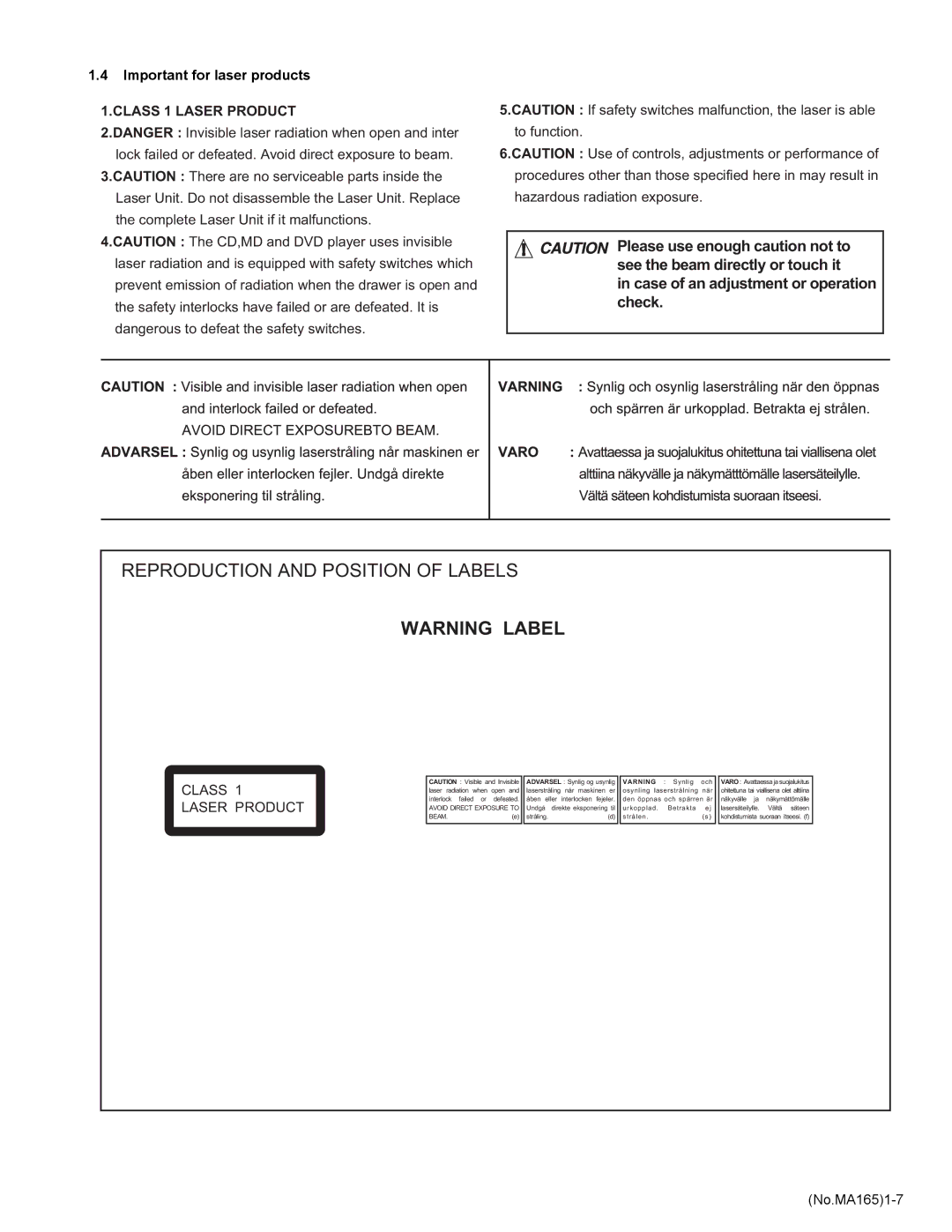 JVC KD-AVX1 service manual Reproduction and Position of Labels, Important for laser products 