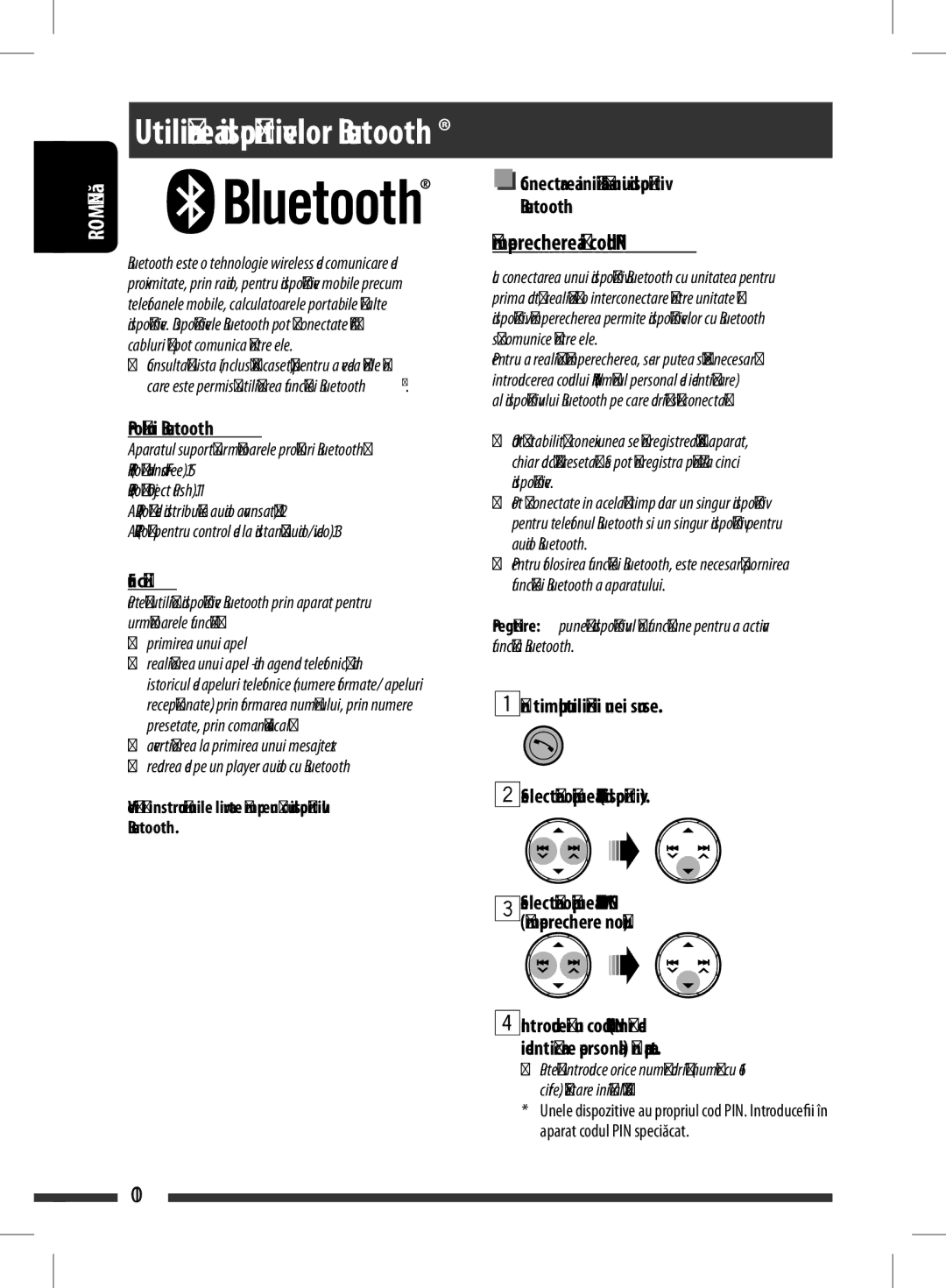 JVC KD-BT11 manual Features, Profilurifunction.Bluetooth, ÎmperechereaPairing and PINşicodecodul PIN 