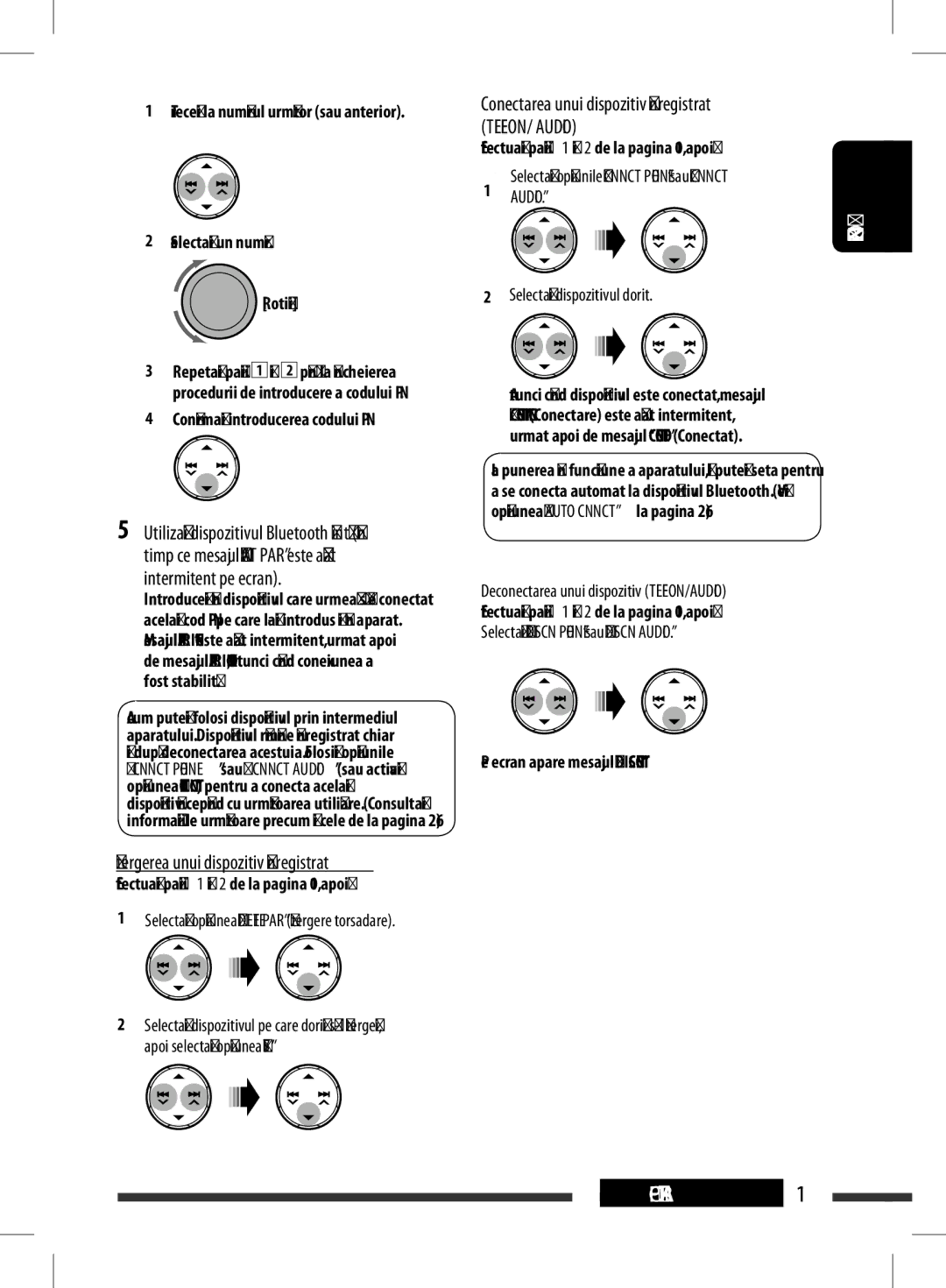 JVC KD-BT11 manual Audio 1, Auto Cnnct on, Perform steps 1 and 2 on page 10, then 