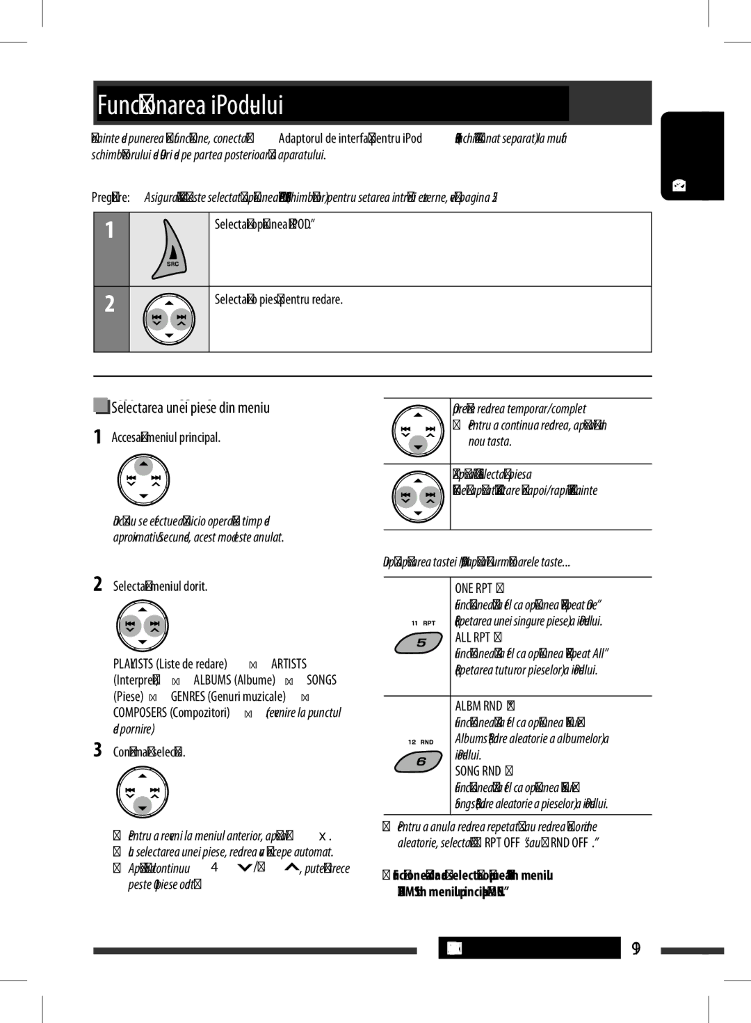 JVC KD-BT11 manual SelectaţiIPOD 