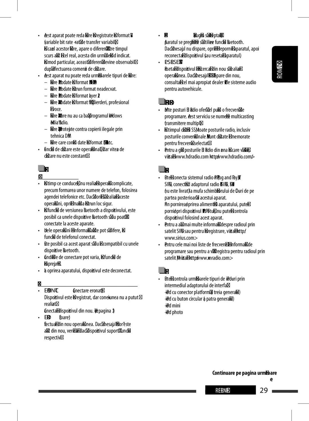 JVC KD-BT11 manual Funcţiile Bluetooth, Error, Recepţionarea HD Radio 