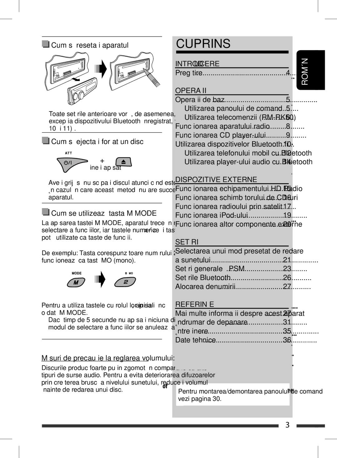 JVC KD-BT11 manual Ucere, Operaţii, Dispozitive Externe, Setări, Referinţe 