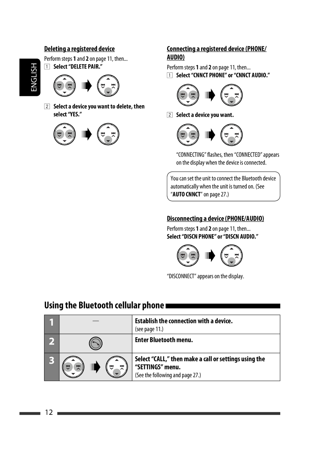 JVC KD-BT11 manual Deleting a registered device, Establish the connection with a device, Enter Bluetooth menu 