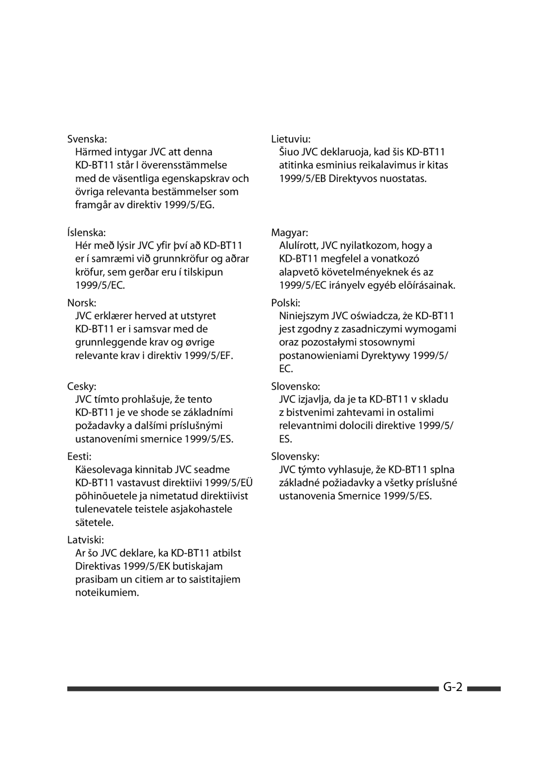 JVC KD-BT11 manual Svenska, Lietuviu, Cesky, Eesti, Polski 