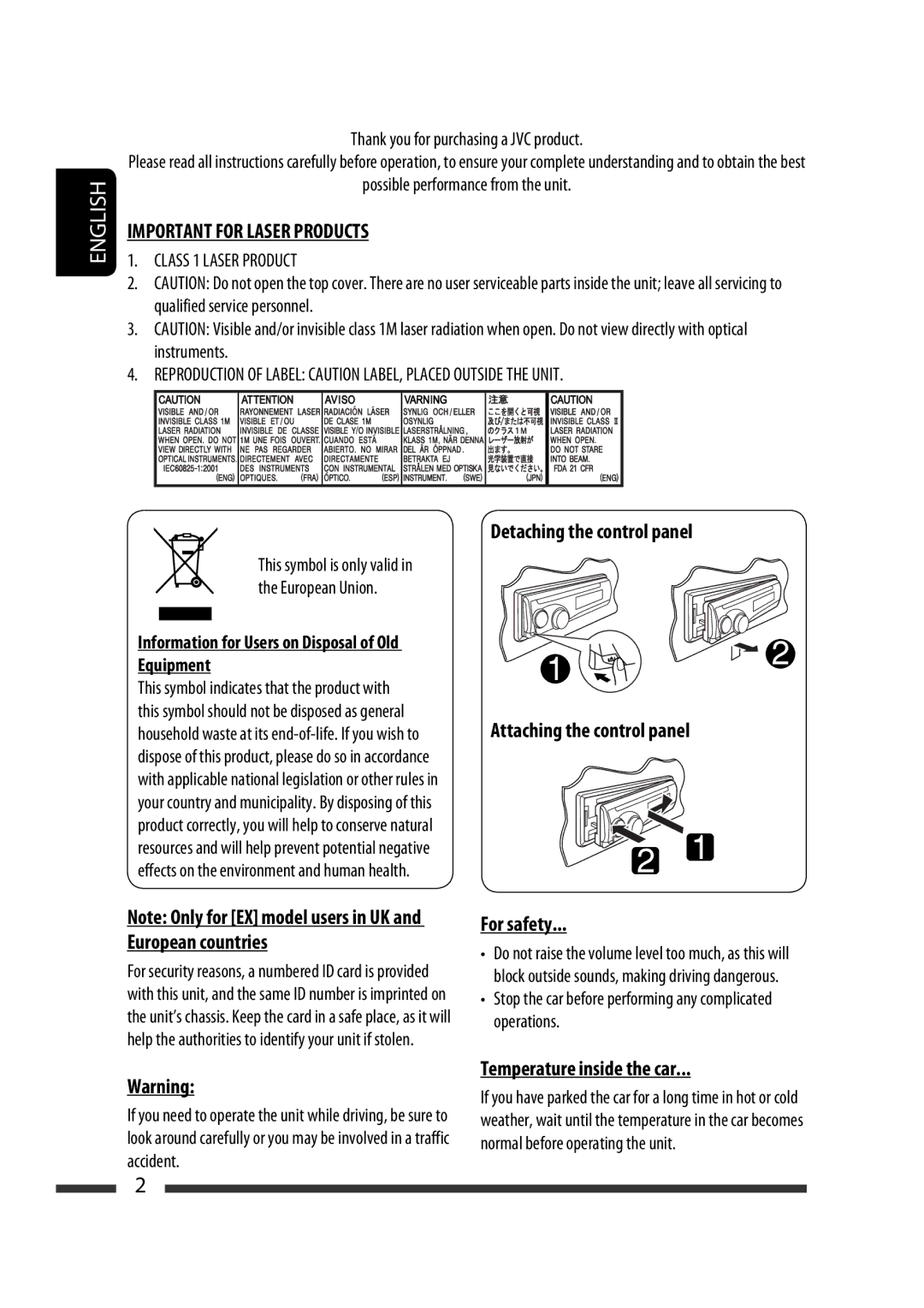 JVC KD-BT11 manual Detaching the control panel Attaching the control panel, For safety, Temperature inside the car 