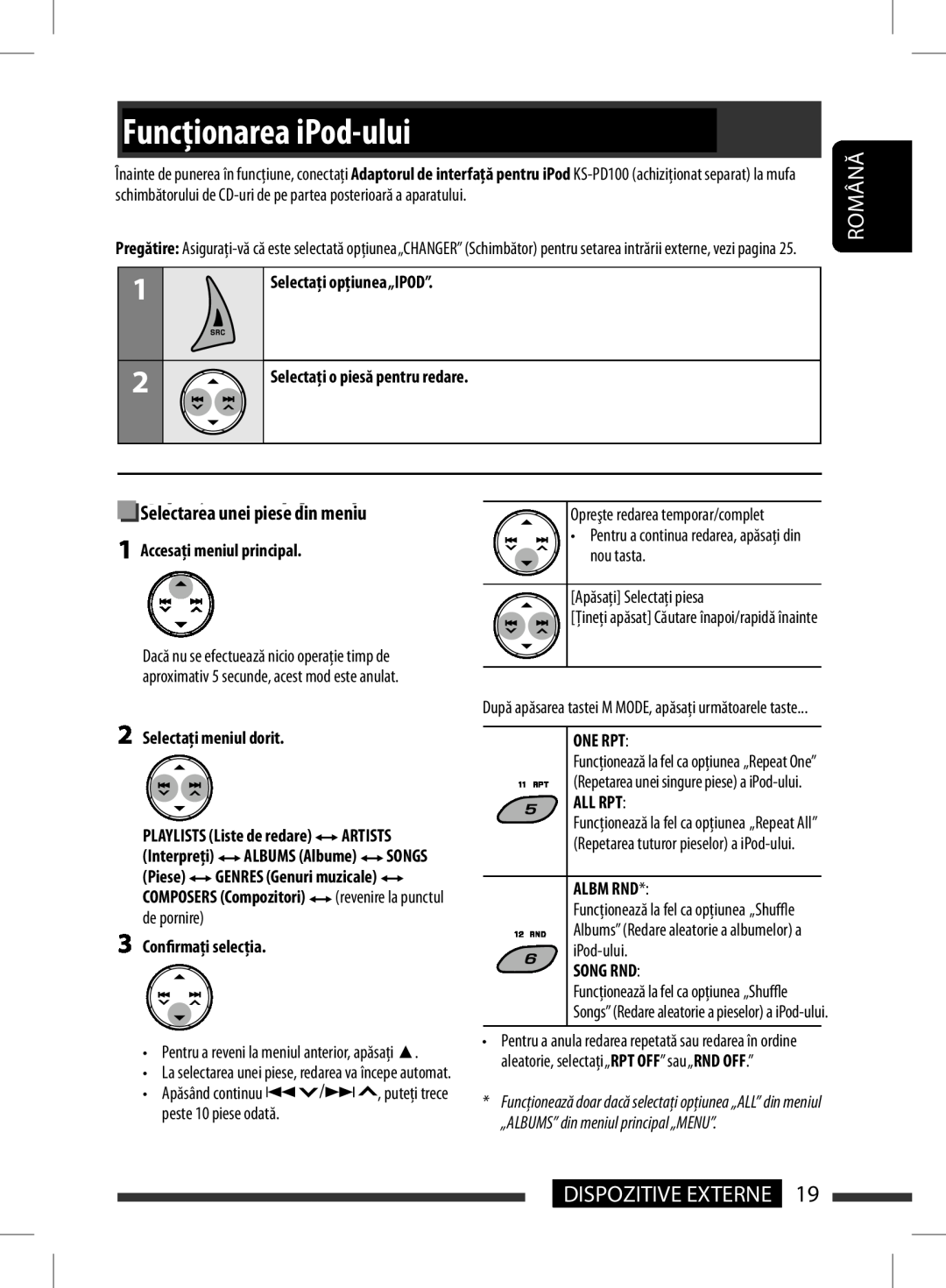 JVC KD-BT11 manual FuncţionareaListening to theiPodiPod-ului, Selectaţi“IPOD.”, Selectarea unei piese din meniu, Ôalbums Ô 