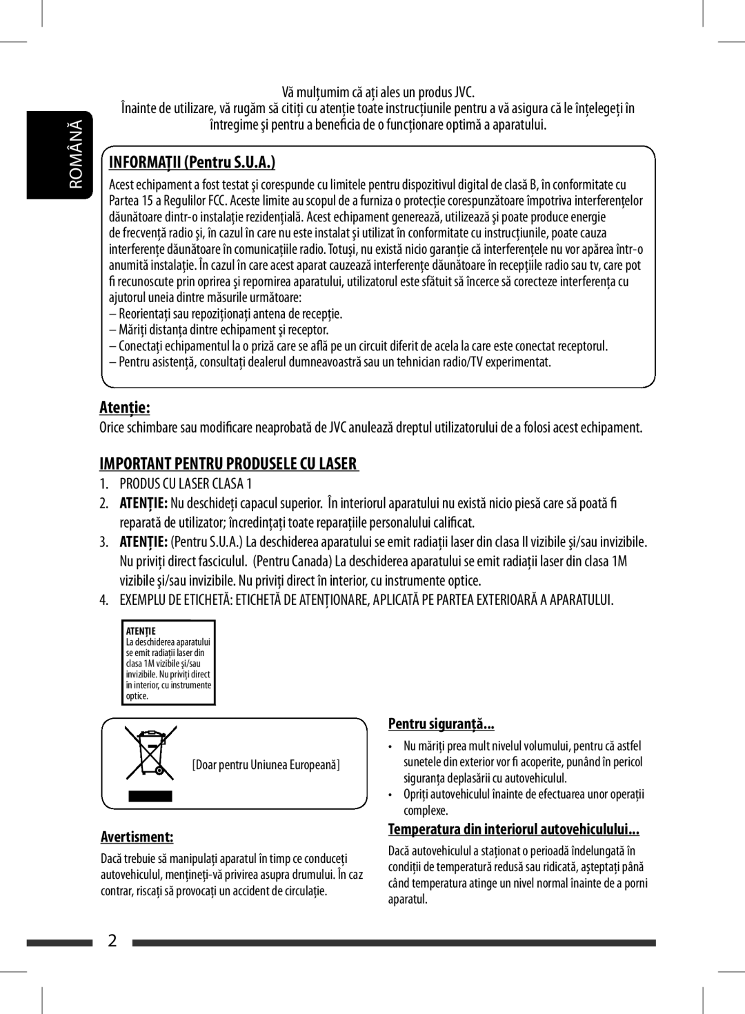 JVC KD-BT11 manual Română, INFORMAŢIIT ONPentruFor U.S.AU.A, Atenţie Caution, Important Pentru Produsele Cu Laser 