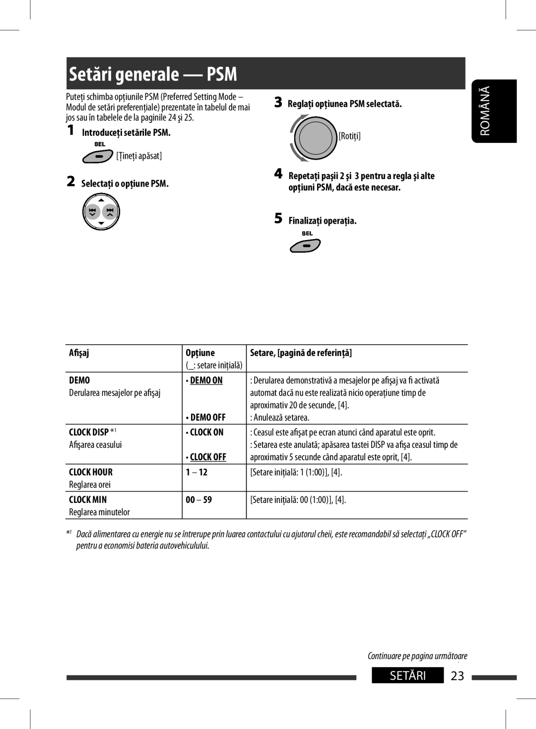JVC KD-BT11 manual Indications, reference page, Demo Off, Română, Setări 