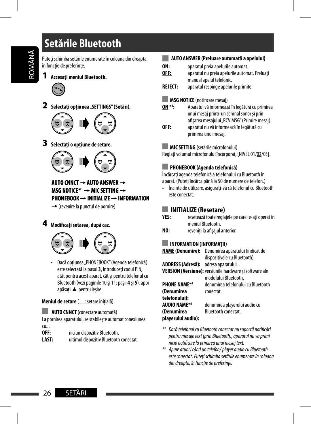 JVC KD-BT11 manual 26SETĂRI, BluetoothSetările Blusetoothtings, ON*1, Name, Română 