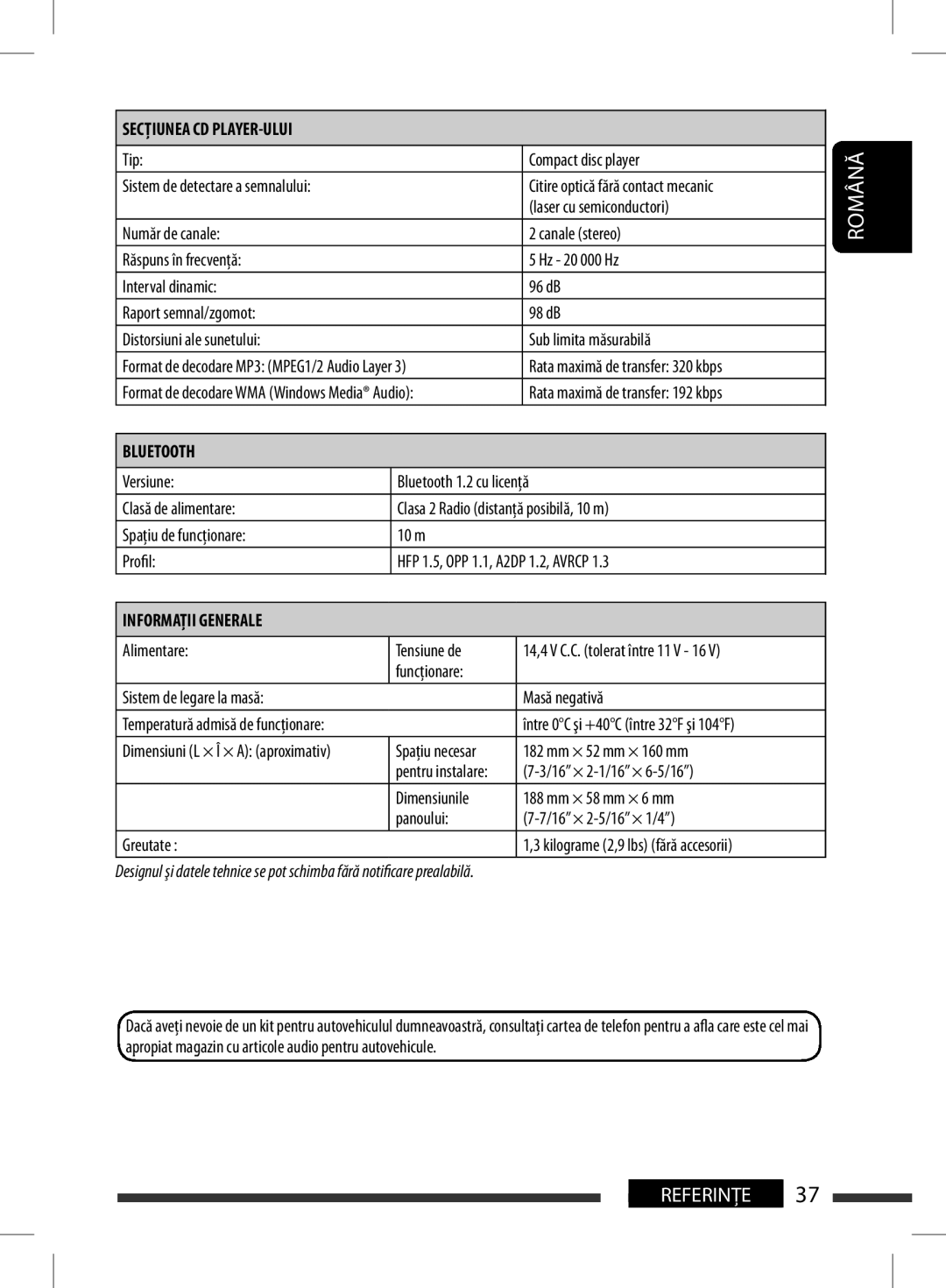 JVC KD-BT11 manual Bluetooth, General, Română, Referinţe 