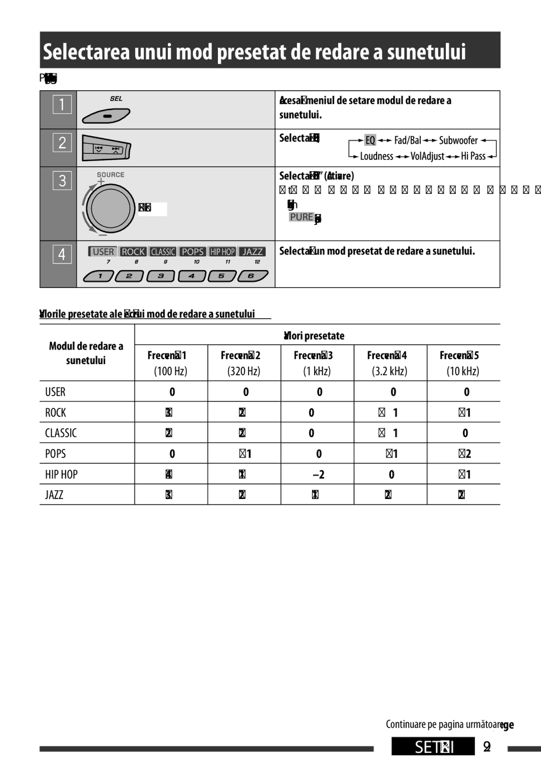 JVC KD-BT22 manual Enter sound mode setting, SelectaţiOn, Selectaţia preset sound mode, Display, Sound mode 