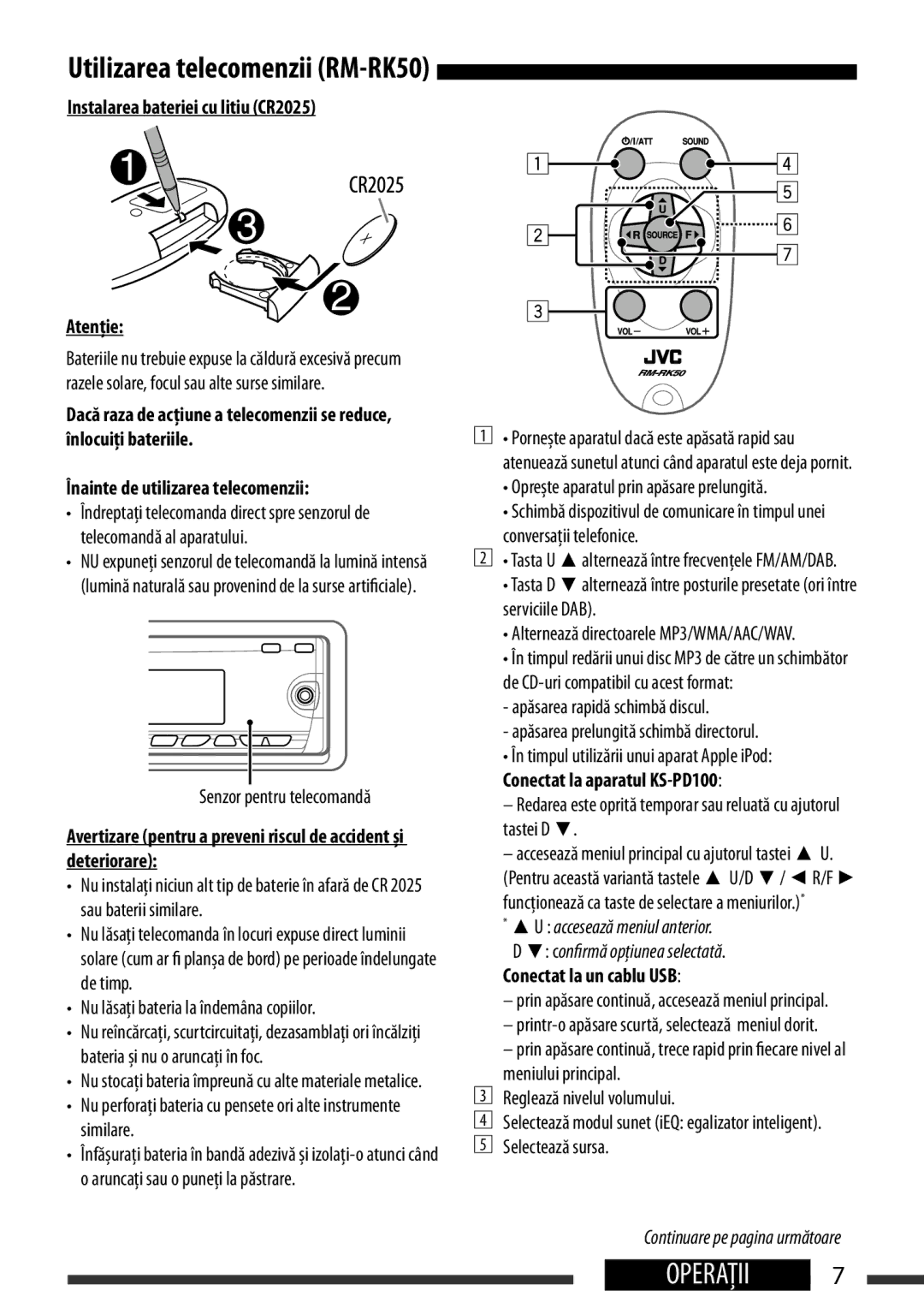 JVC KD-BT22 manual Decreases, replace the battery, Connected to KS-PD100, Connected to the USB cable 