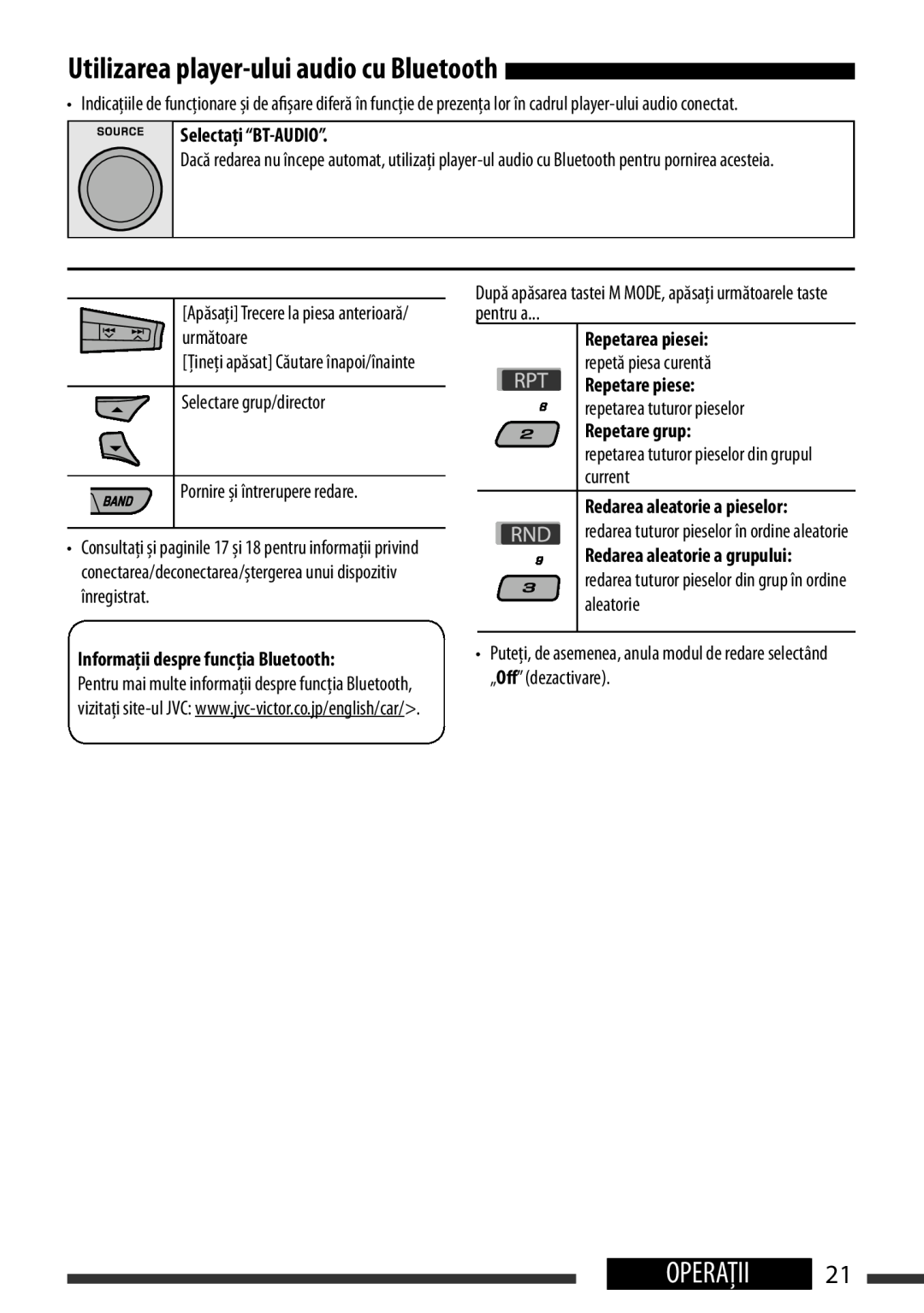 JVC KD-BT22 manual Selectaţi“BT--AUDIO”..”, Operaţii, English, Informaţii despre funcţia Bluetooth, Repetare grup 