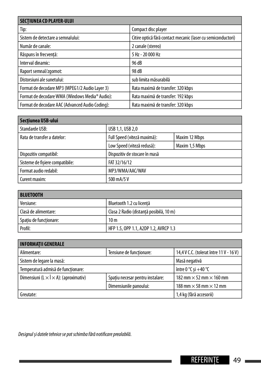 JVC KD-BT22 manual Referinţe, English, Usb Section, Bluetooth, General 