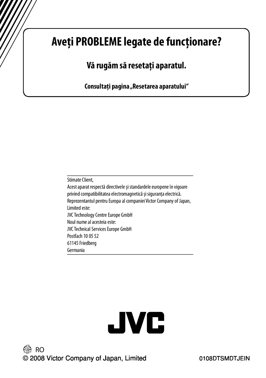 JVC KD-BT22 Vă rugăm să resetaţi aparatul, Consultaţi pagina „Resetarea aparatului”, En,Ro Fr, Please reset your unit 