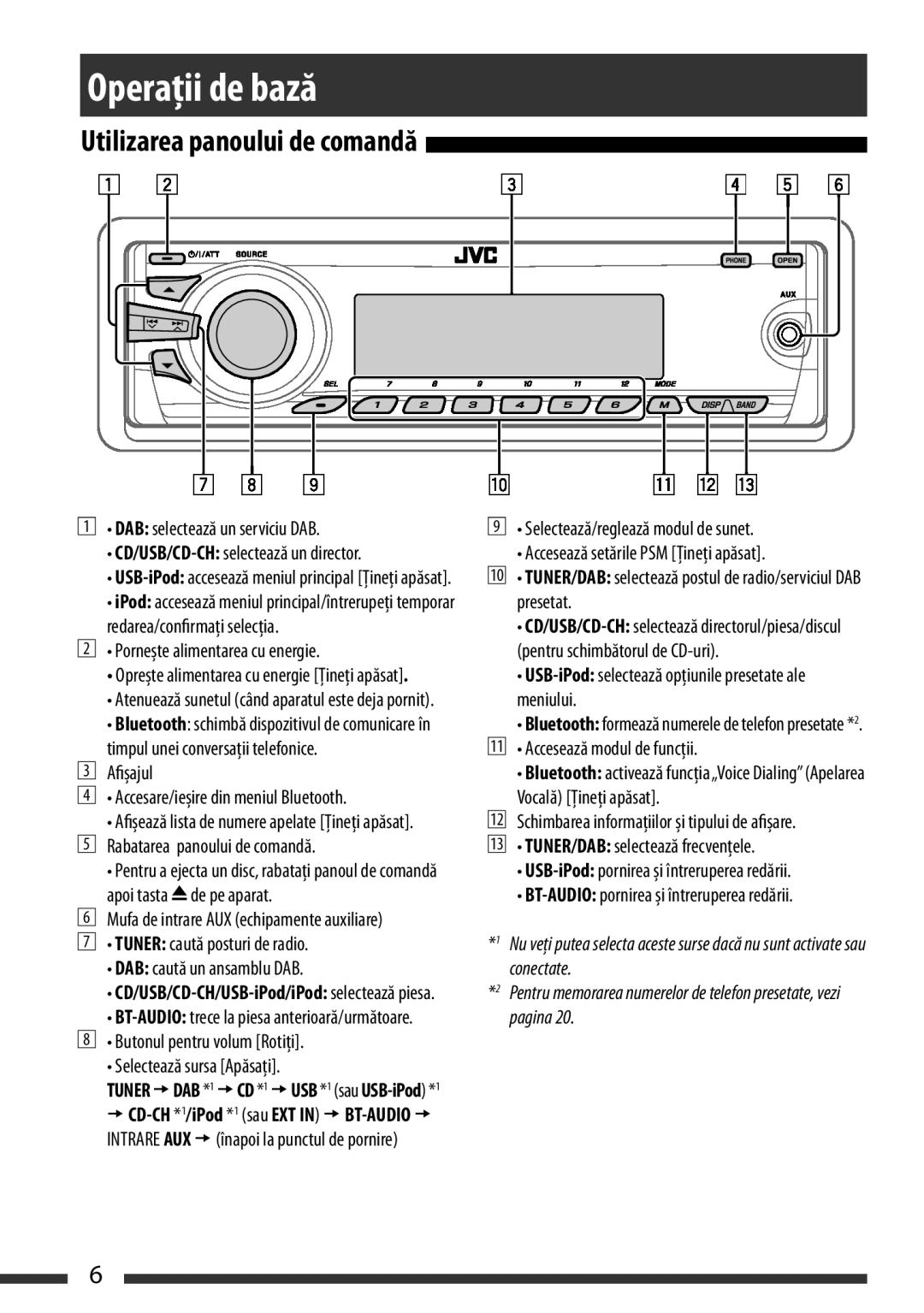 JVC KD-BT22 BasicOperaţiioperationsde bază, Utilizareasing thepanouluicontrol panelde comandă, or not connected, English 