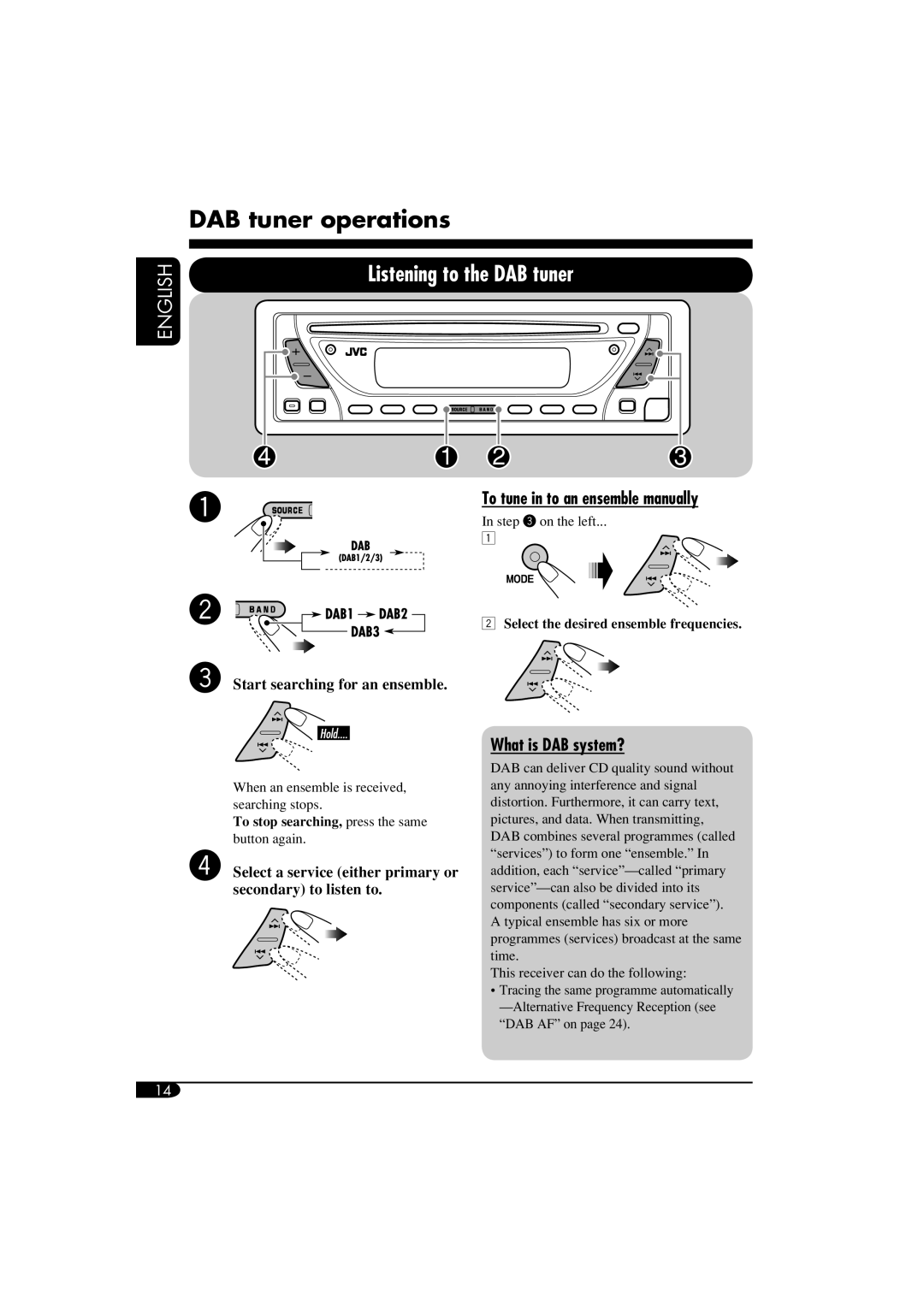 JVC KD-DB711 DAB tuner operations, To tune in to an ensemble manually, What is DAB system? 