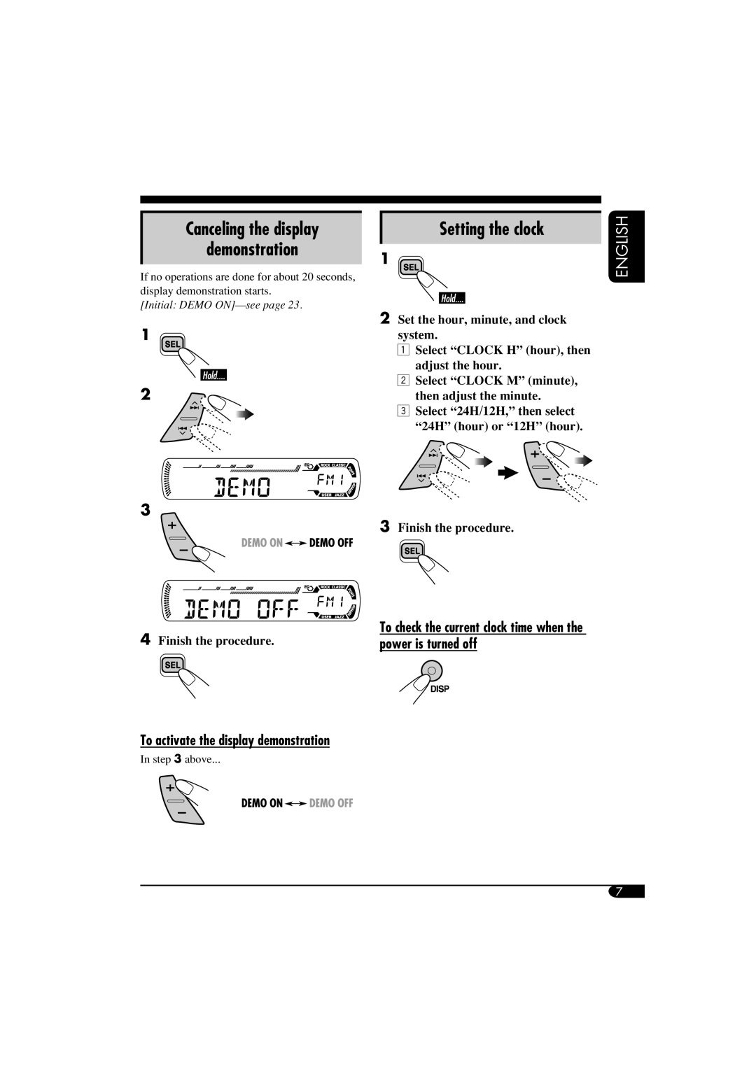 JVC KD-DB711 manual Canceling the display Demonstration, Setting the clock, To activate the display demonstration 