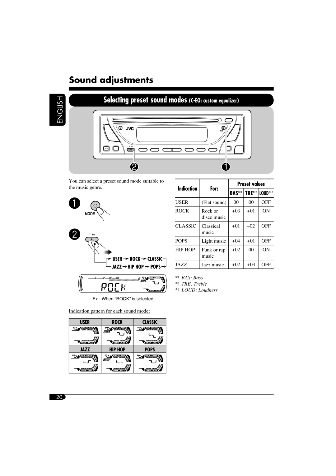 JVC KD-DB711 manual Sound adjustments, English, Preset values 