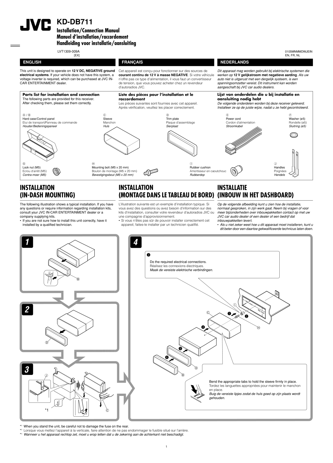 JVC KD-DB711 manual Installatie, Installation/Connection Manual, Manuel d’installation/raccordement, English, Français 