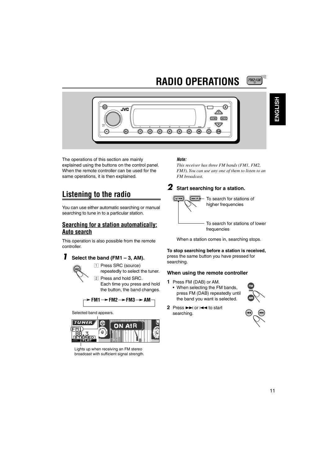 JVC KD-DV5000 manual Listening to the radio, Searching for a station automatically Auto search 