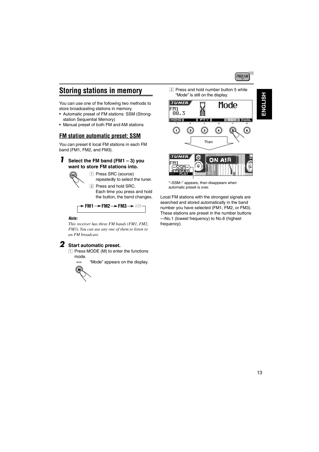 JVC KD-DV5000 manual Storing stations in memory, FM station automatic preset SSM, Start automatic preset, Press SRC source 