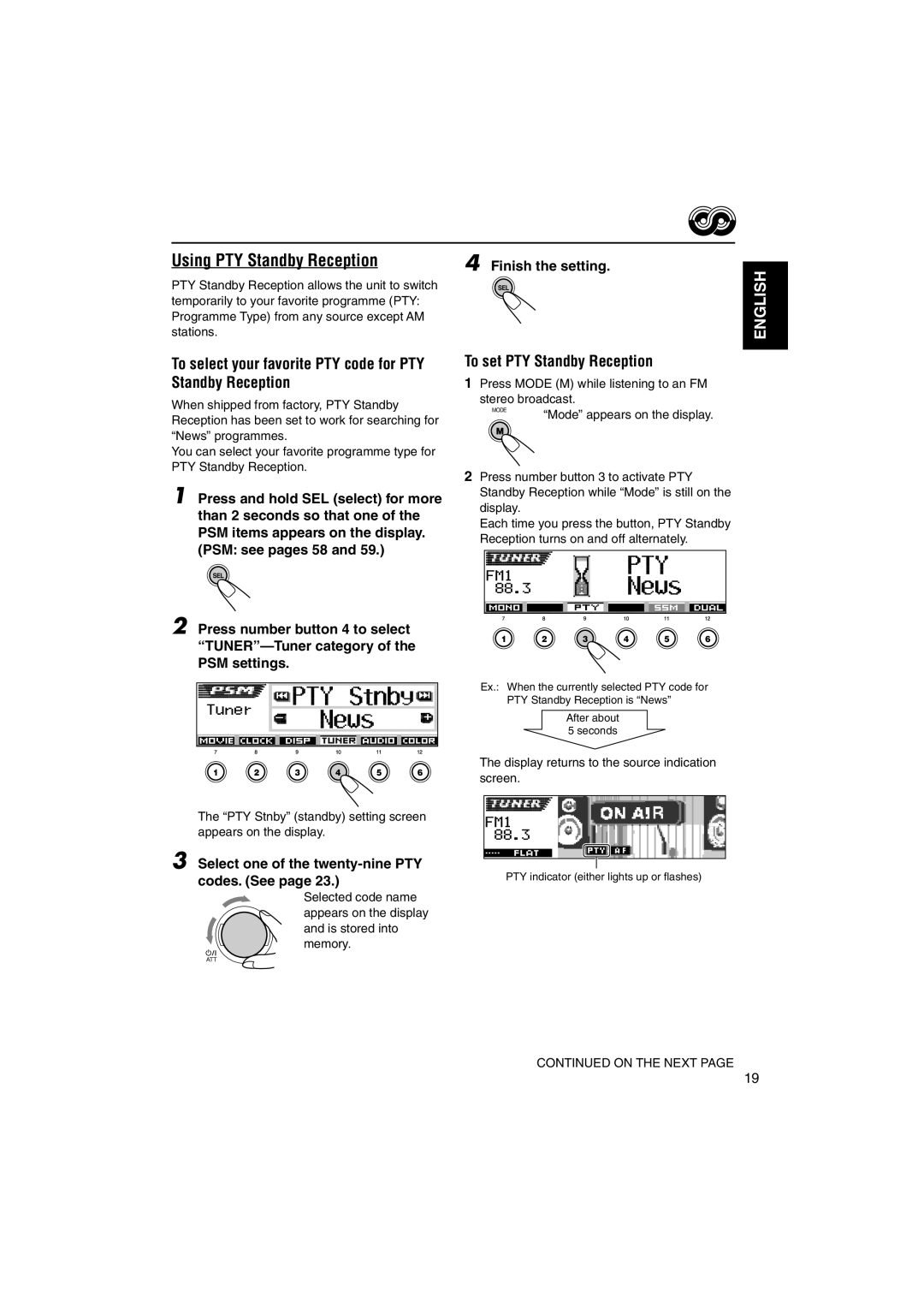 JVC KD-DV5000 manual Using PTY Standby Reception, To select your favorite PTY code for PTY Standby Reception 