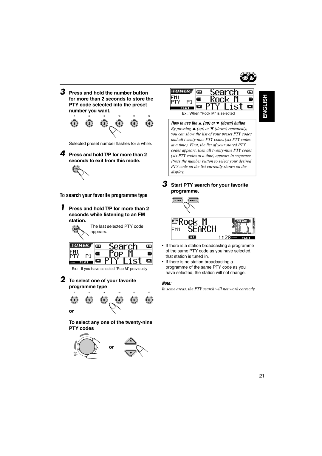 JVC KD-DV5000 manual Selected preset number flashes for a while, Last selected PTY code Appears 