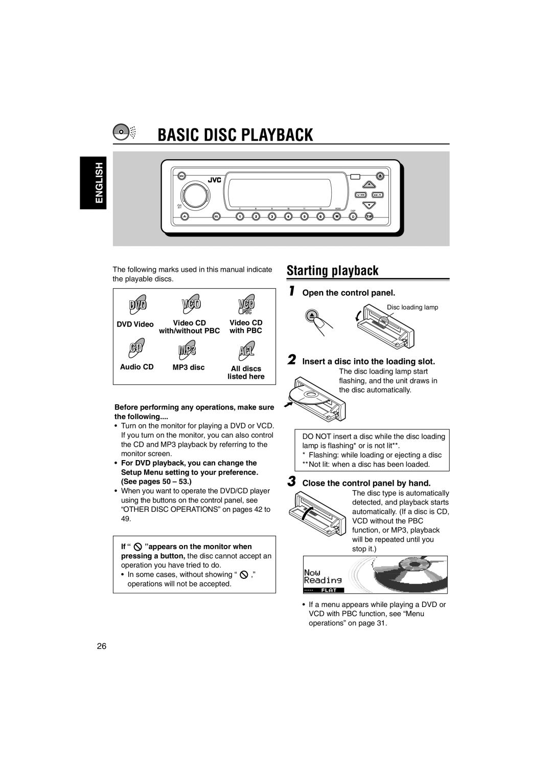 JVC KD-DV5000 manual Basic Disc Playback, Starting playback, Open the control panel, Insert a disc into the loading slot 