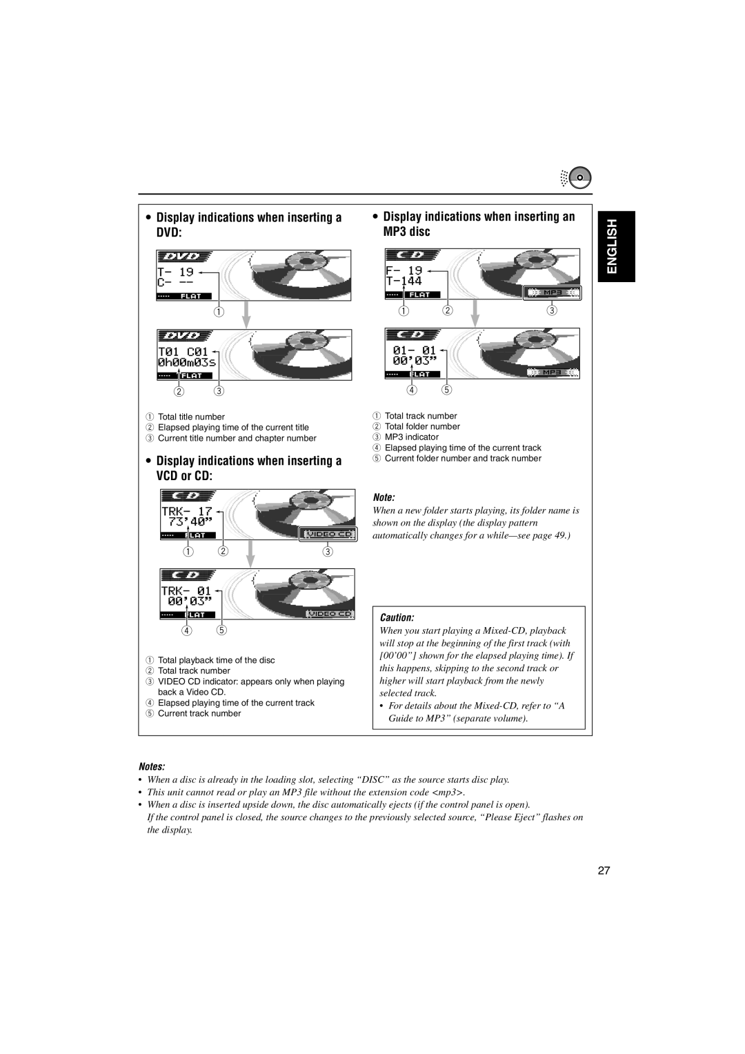 JVC KD-DV5000 manual MP3 disc, Display indications when inserting a VCD or CD 