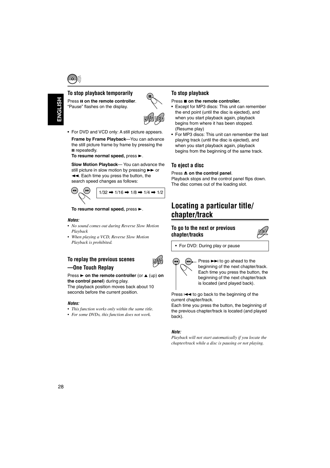 JVC KD-DV5000 manual Locating a particular title/ chapter/track, To stop playback temporarily, To eject a disc 