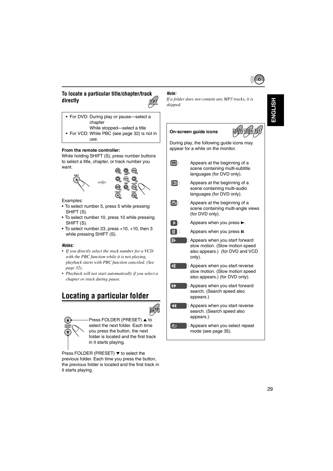 JVC KD-DV5000 Locating a particular folder, To locate a particular title/chapter/track directly, On-screen guide icons 