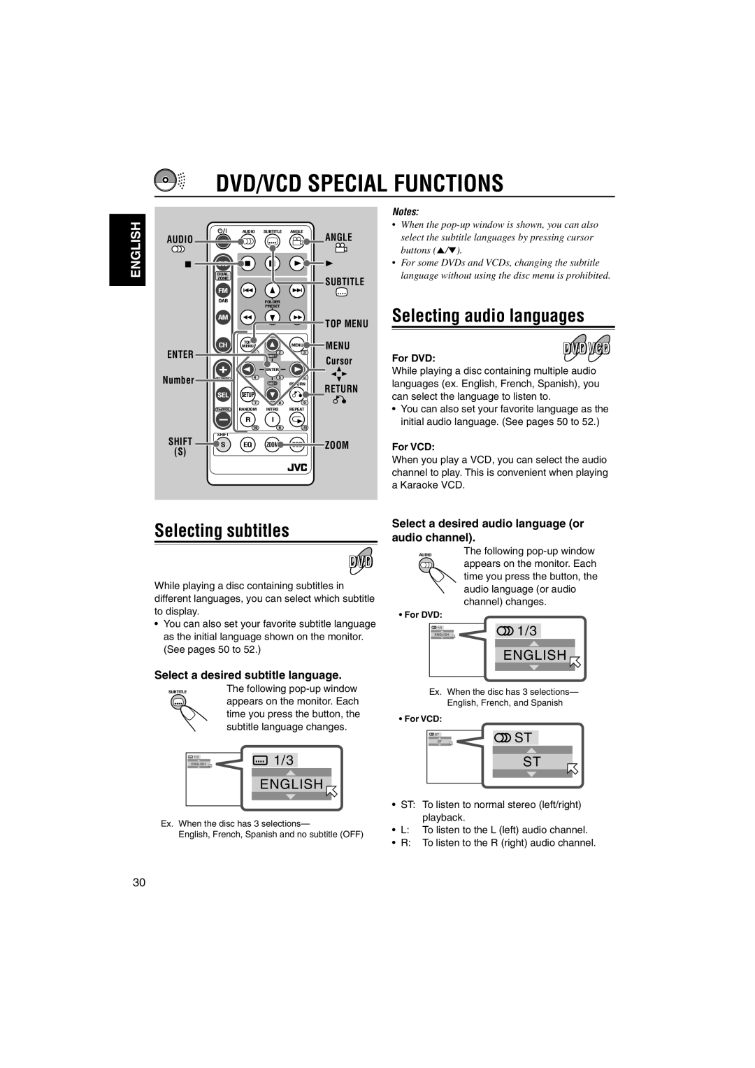 JVC KD-DV5000 manual DVD/VCD Special Functions, Selecting audio languages, Selecting subtitles 