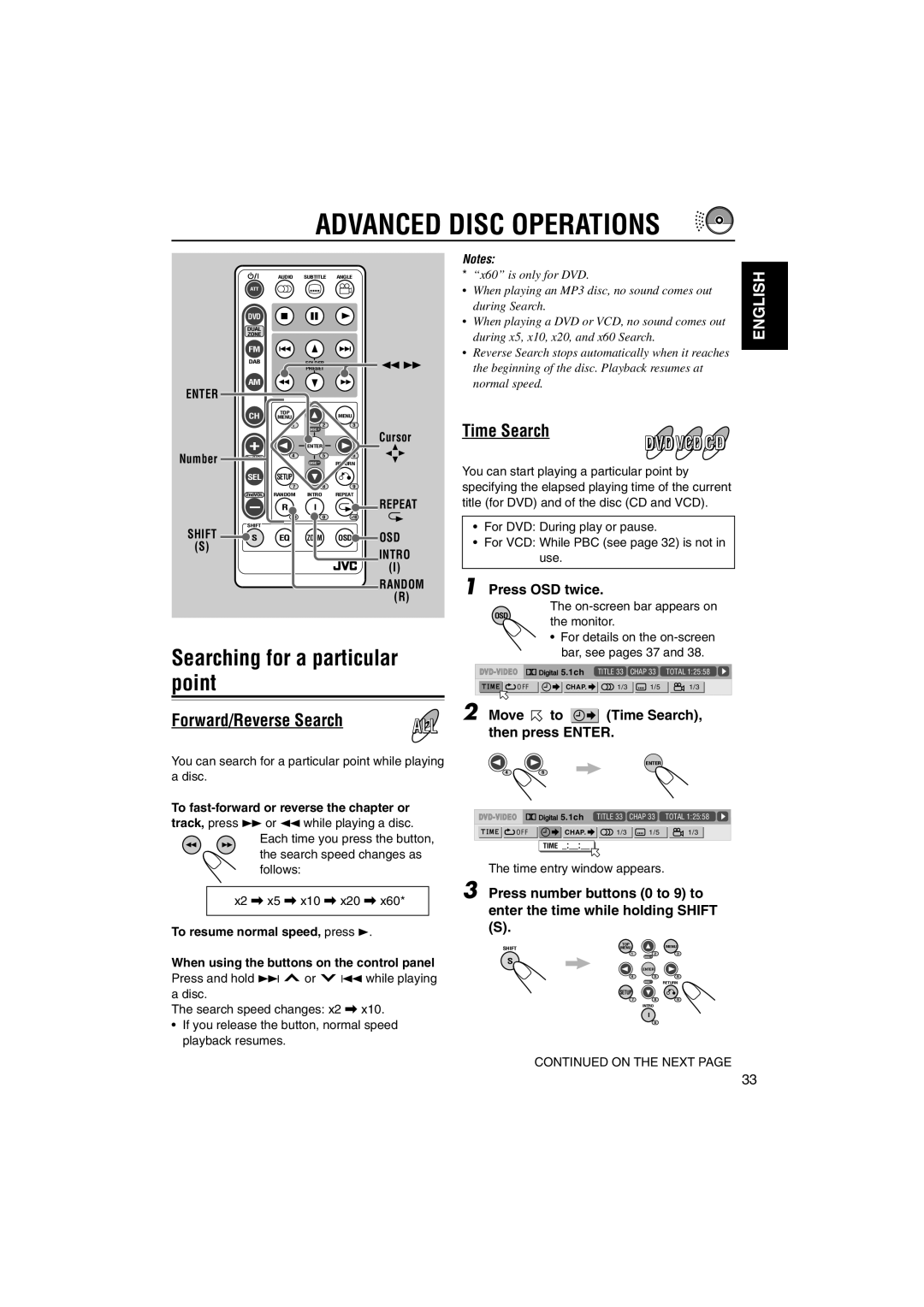 JVC KD-DV5000 manual Advanced Disc Operations, Searching for a particular, Point, Time Search, Forward/Reverse Search 