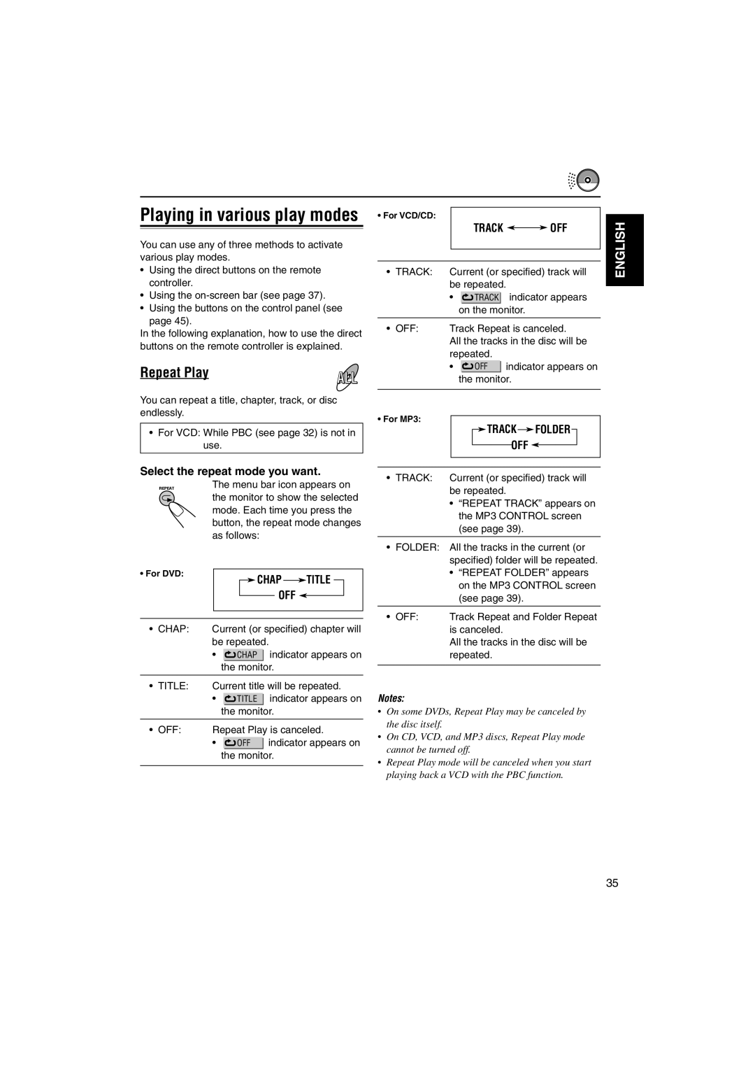 JVC KD-DV5000 manual Playing in various play modes, Repeat Play, Select the repeat mode you want, Track OFF, Chap Title OFF 