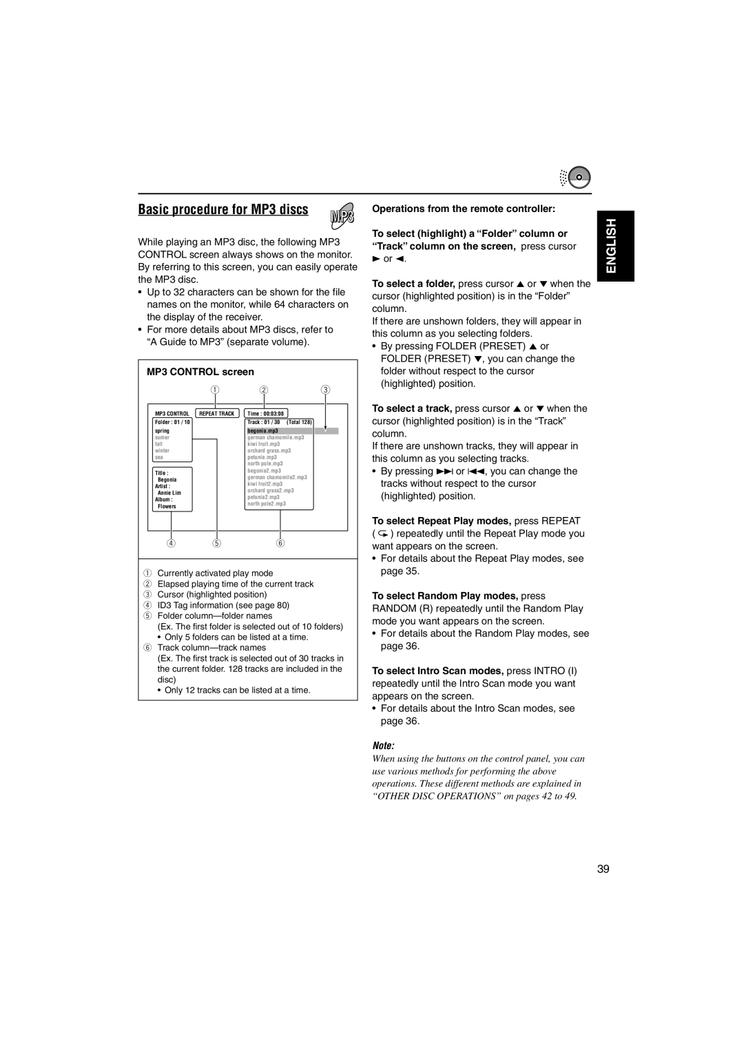 JVC KD-DV5000 manual Basic procedure for MP3 discs, MP3 Control screen, Operations from the remote controller 