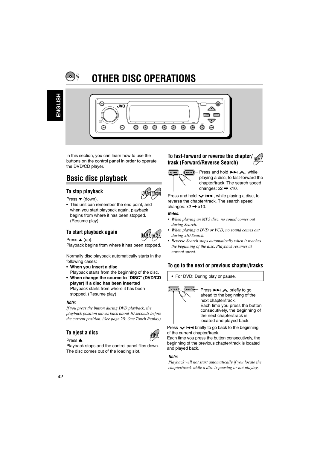 JVC KD-DV5000 manual Other Disc Operations, Basic disc playback, To start playback again, When you insert a disc 