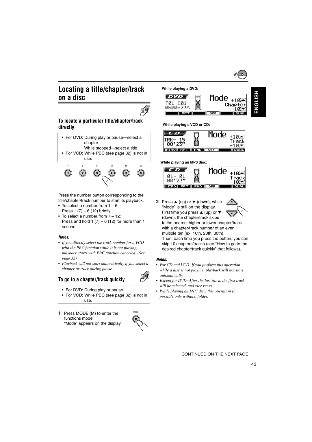 JVC KD-DV5000 manual Locating a title/chapter/track on a disc, To go to a chapter/track quickly, Press Mode M to enter 