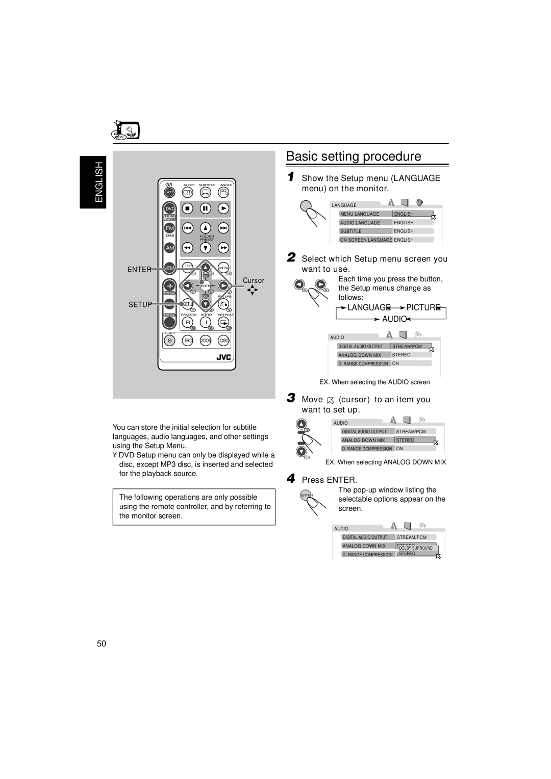 JVC KD-DV5000 manual DVD Setup Menu, Basic setting procedure, Language Picture Audio 