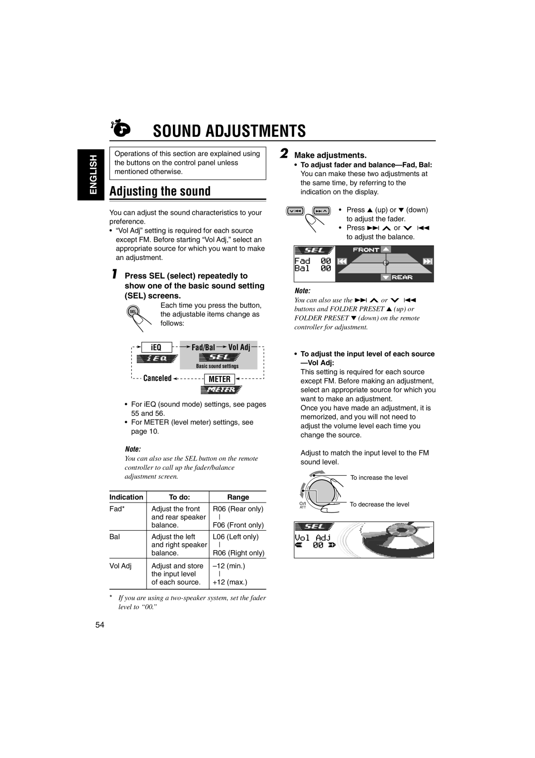 JVC KD-DV5000 manual Sound Adjustments, Adjusting the sound, Make adjustments, Meter 