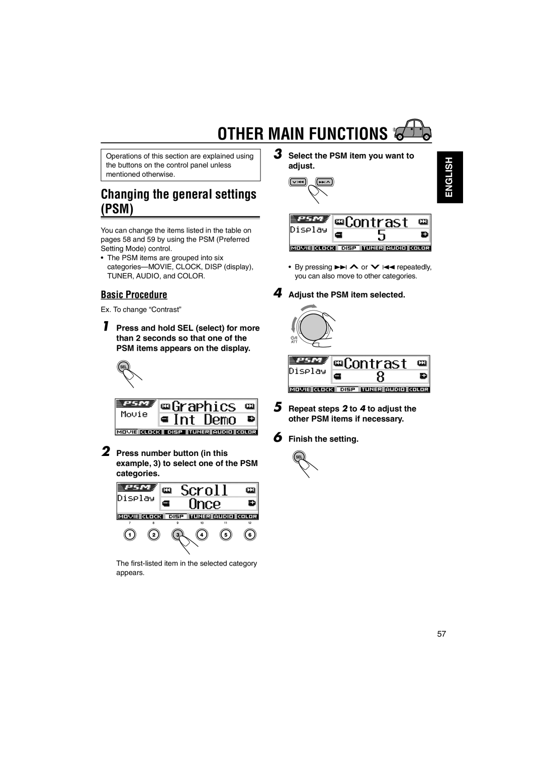 JVC KD-DV5000 Other Main Functions, Changing the general settings PSM, Basic Procedure, Select the PSM item you want to 