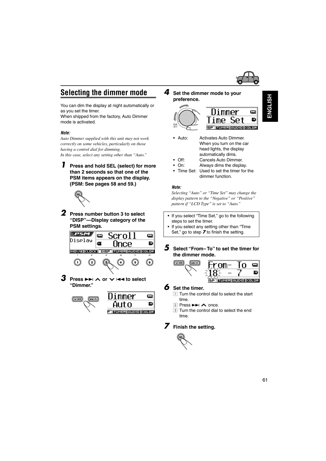 JVC KD-DV5000 manual Auto Activates Auto Dimmer, Head lights, the display, Automatically dims, Off Cancels Auto Dimmer 